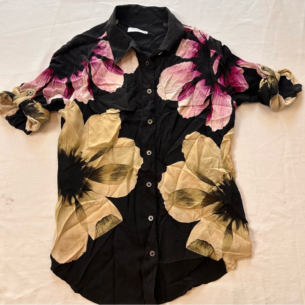 Equipment Femme Small Black Kerry Silk Flower Floral Print Shirt Woman’s